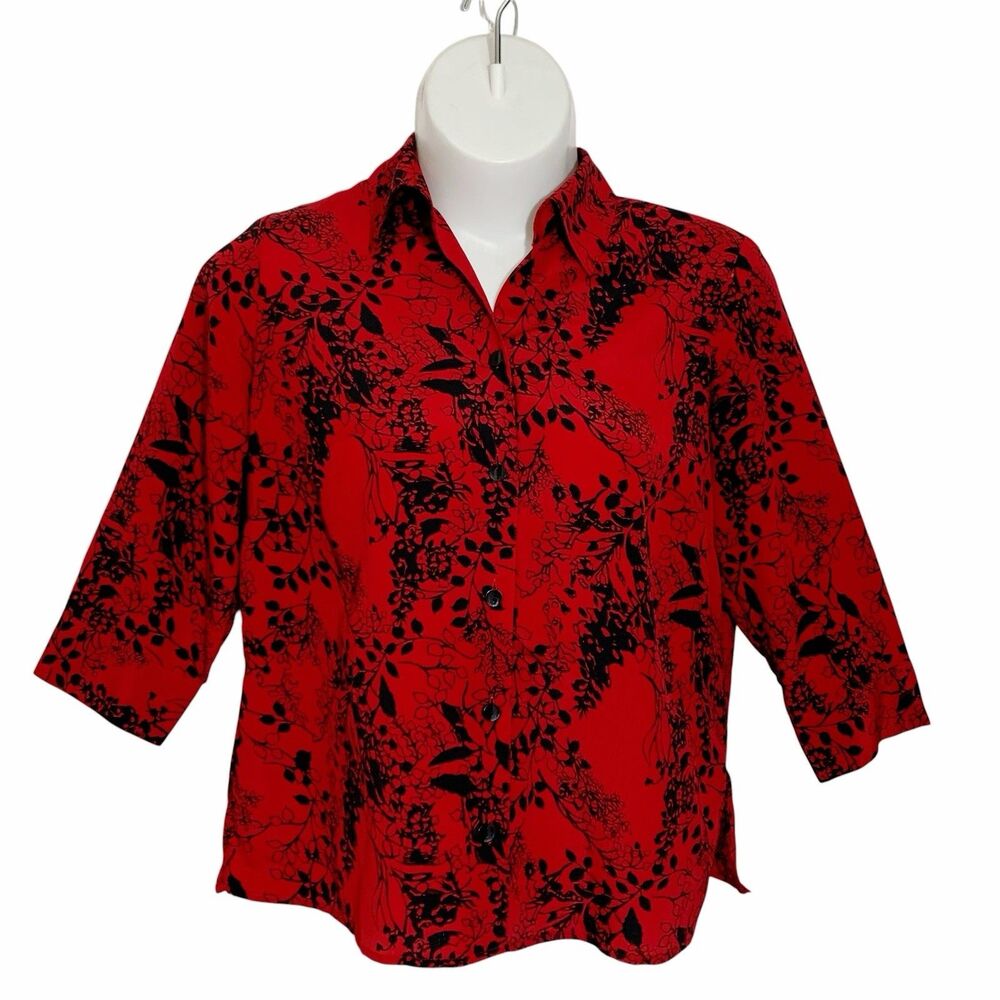 White Stag Blouse Top Women's Size 16W Red Black Floral Button-Up 3/4 Sleeve